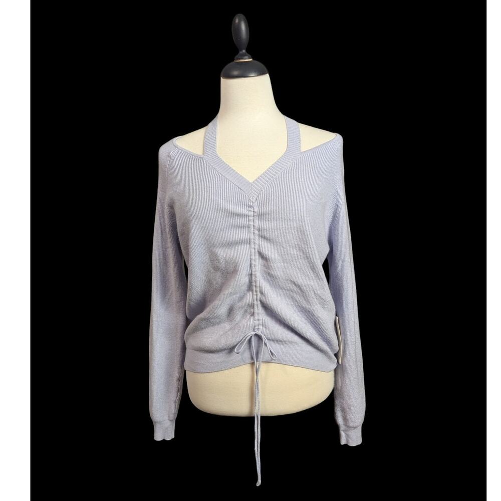NEW Twine & String Large Purple Cinch Front V-neck Cold Shoulder Knit Sweater